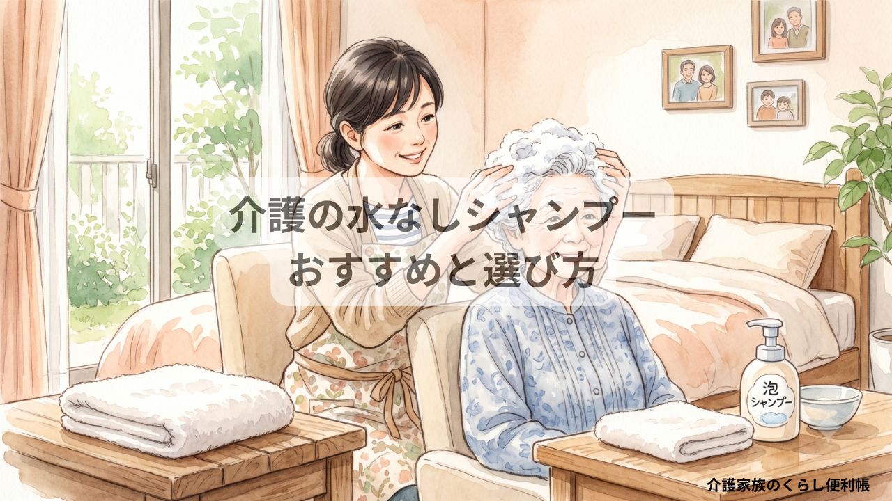 介護家族が高齢の母親の髪を泡シャンプーで優しくケアしている水彩風イラスト