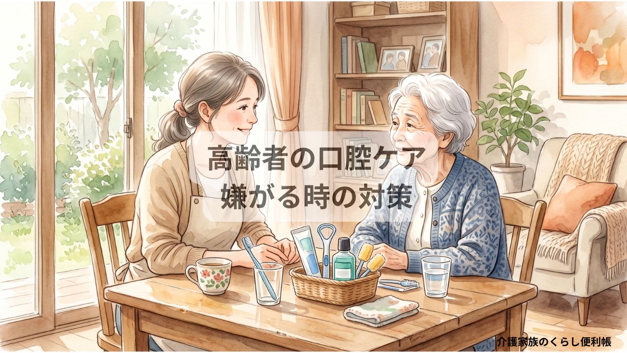 高齢者の口腔ケアシーン:介護家族と高齢の親が穏やかに向き合うイラスト