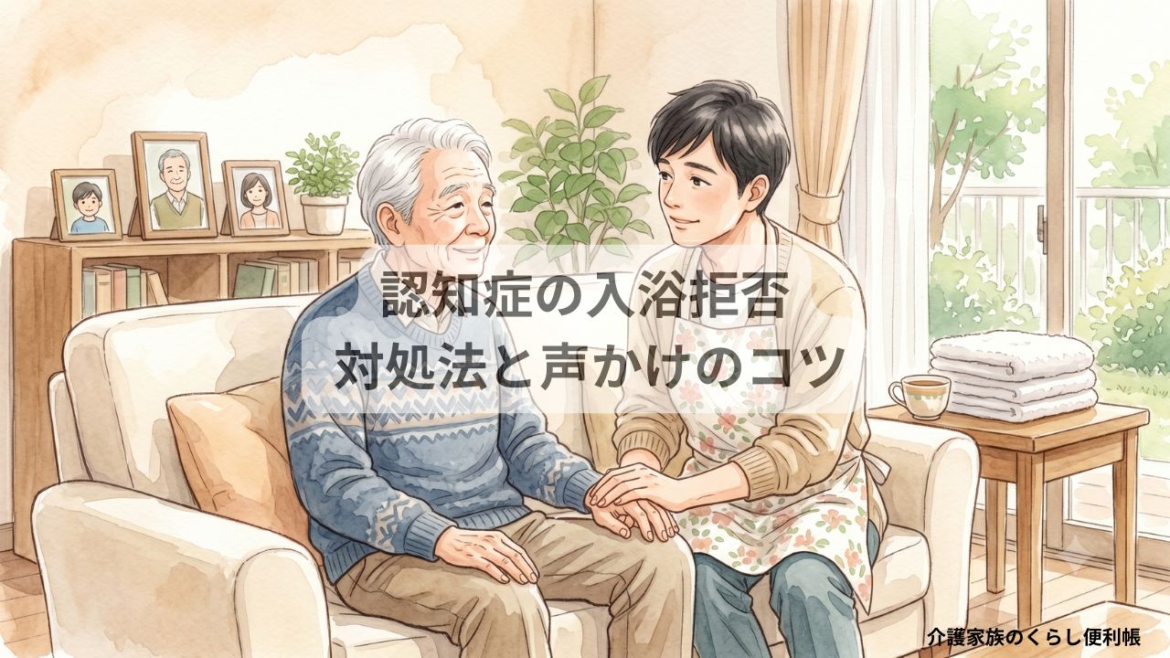 認知症のある高齢者と介護家族が優しく寄り添うシーン、入浴拒否対処イメージ