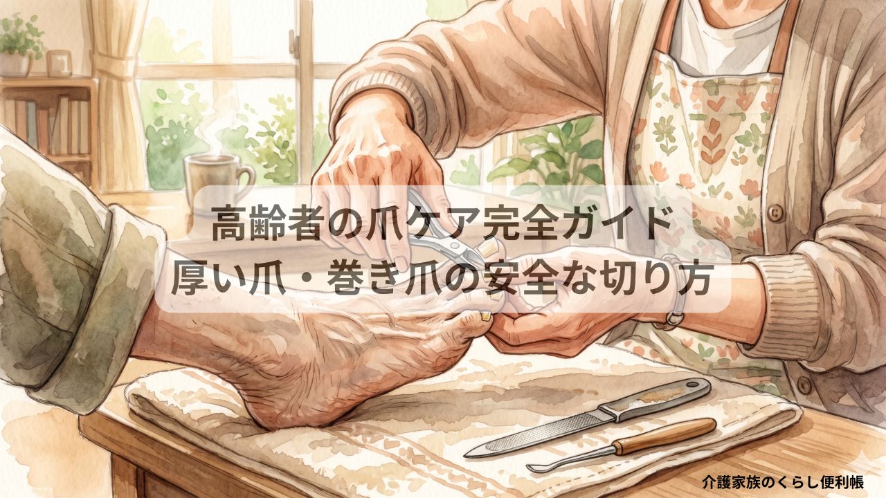 介護家族が高齢者の足の爪をニッパー型爪切りで丁寧にケアしている水彩風イラスト