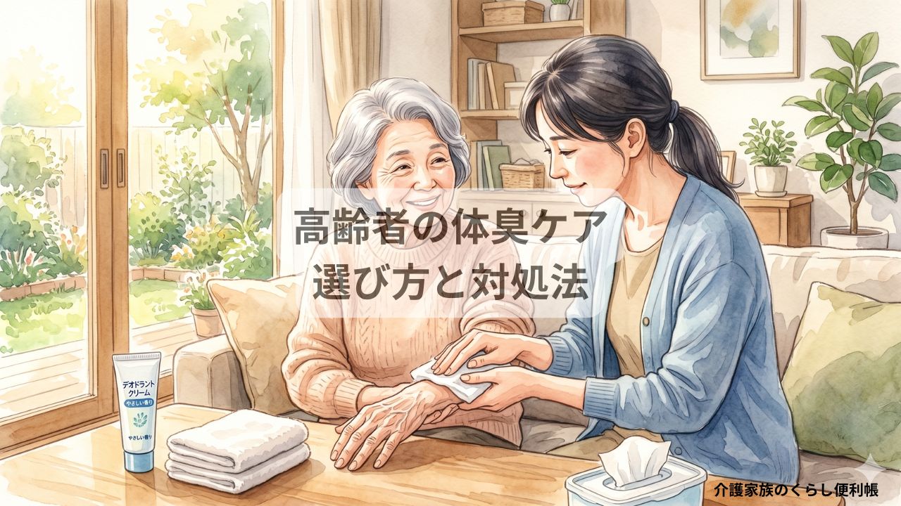 介護家族が高齢者の体臭ケアのために清拭シートを準備しているシーンの水彩風イラスト