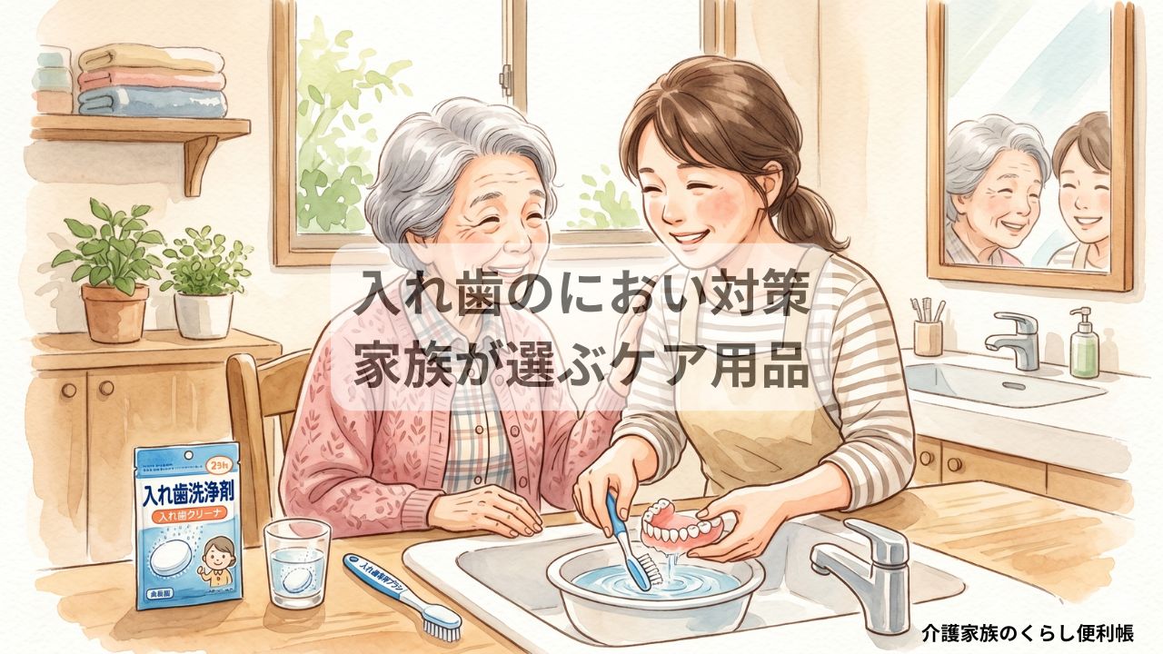 介護家族が高齢者の入れ歯を洗浄剤と専用ブラシでケアしている水彩風イラスト