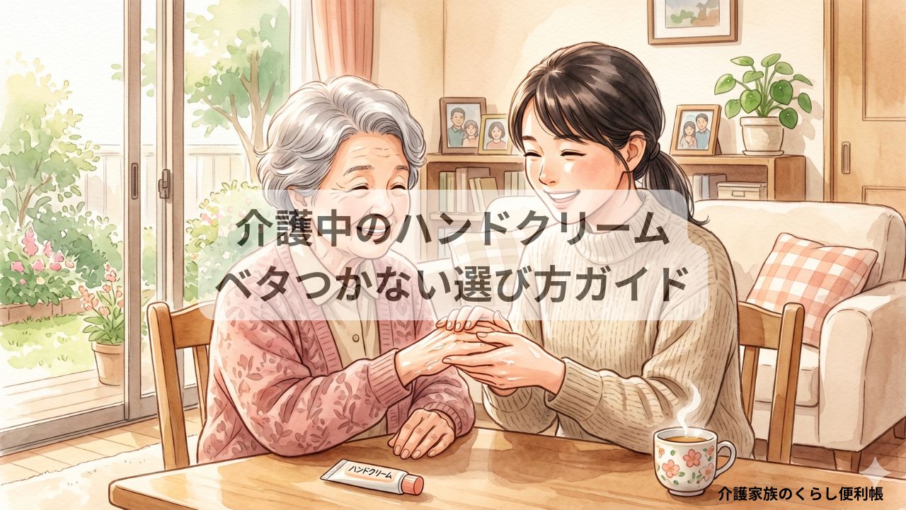 介護中の家族同士が一緒にハンドクリームでケアし合う温かいシーンの水彩風イラスト