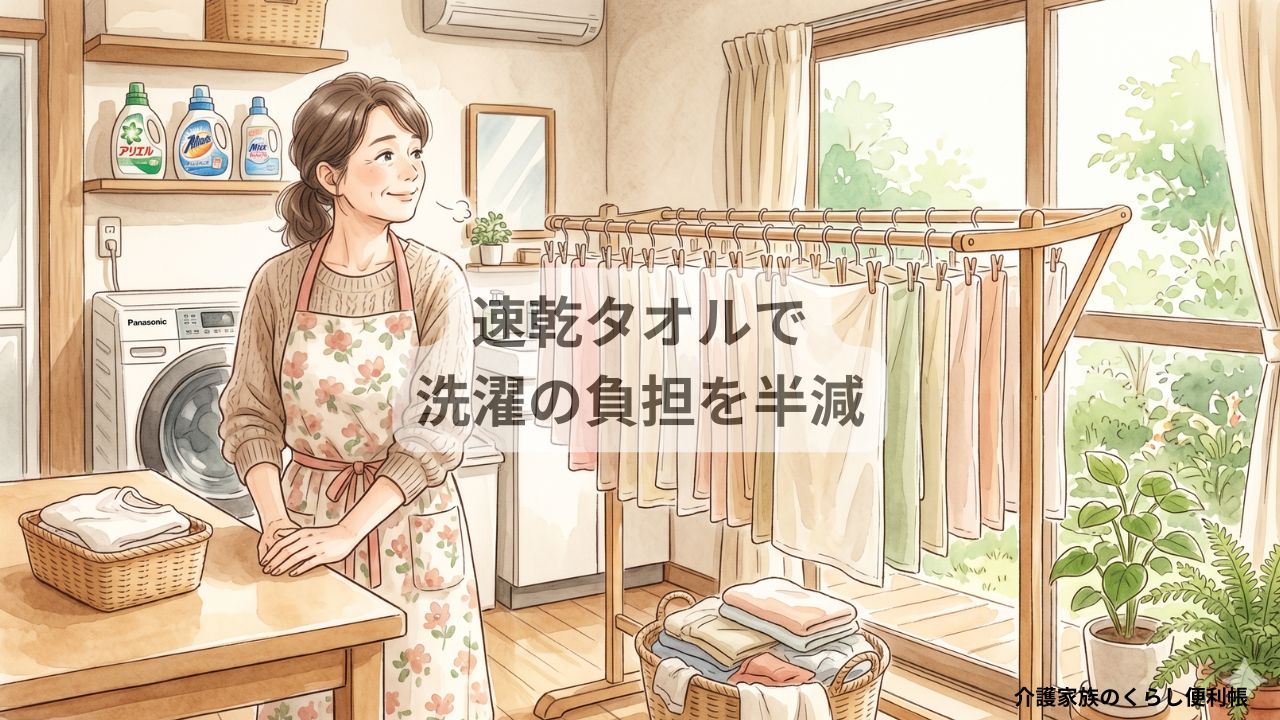 速乾タオルが洗濯ラックに干されている、介護家族の洗濯負担軽減を表す水彩風イラスト